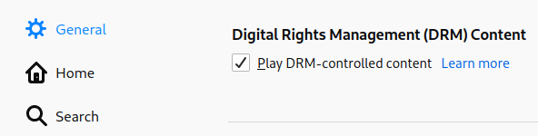 Enable DRM in Firefox by ticking the checkbox