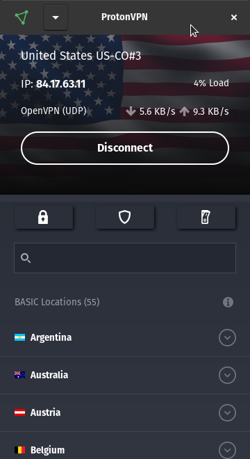 ProtonVPN connected to a server