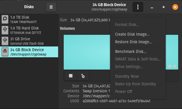 drop down menu in Disks app