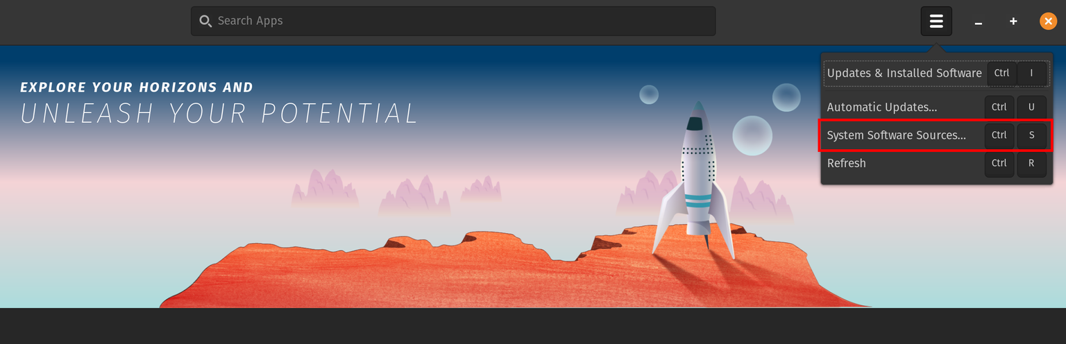 Pop!_Shop System Software Sources menu item