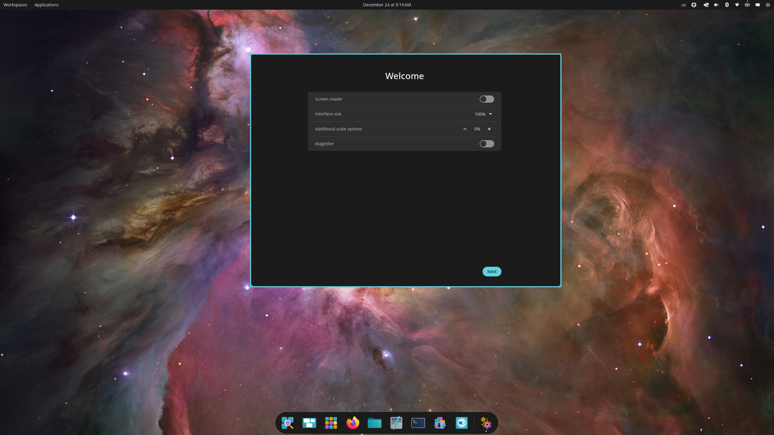 Initial Setup accessibility settings on the Pop!_OS 24.04 Welcome screen. First option is the 'screen reader' feature which can be enabled with the toggle button on the right. Next option is 'interface size' as a percentage in the dropdown menu to the right. After that is the 'additional scale options' with option to choose a percentage using a minus sign or plus sign. The last option is the 'Magnifier' which can be enabled with the toggle button on the right. A 'Next' button is at the bottom right of the window.