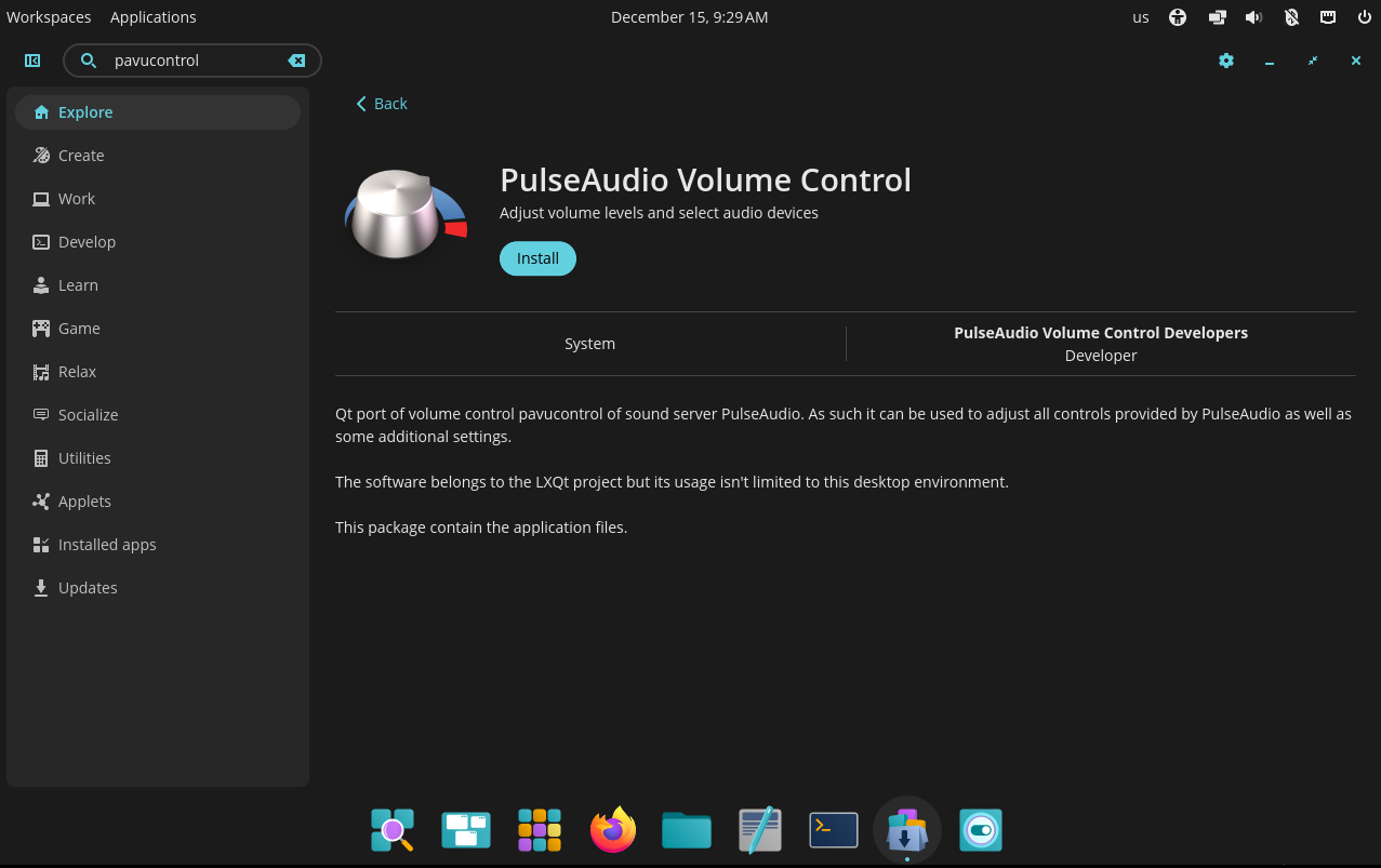 PulseAudio Volume Control shown in the COSMIC Store