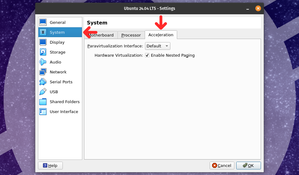 Virtual machine System/Acceleration settings section