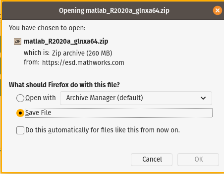 Downloaded file prompt to save Matlab installation file