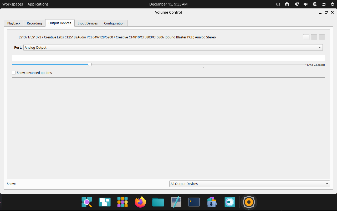 Output devices tab in PulseAudio Volume Control