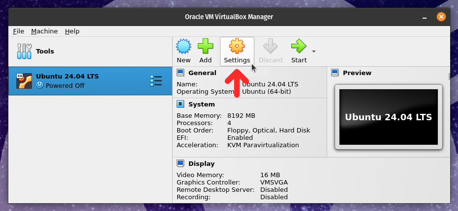 Virtual machine settings button