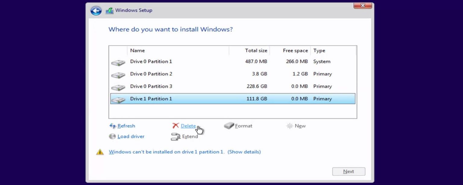 Windows deleting existing partitions