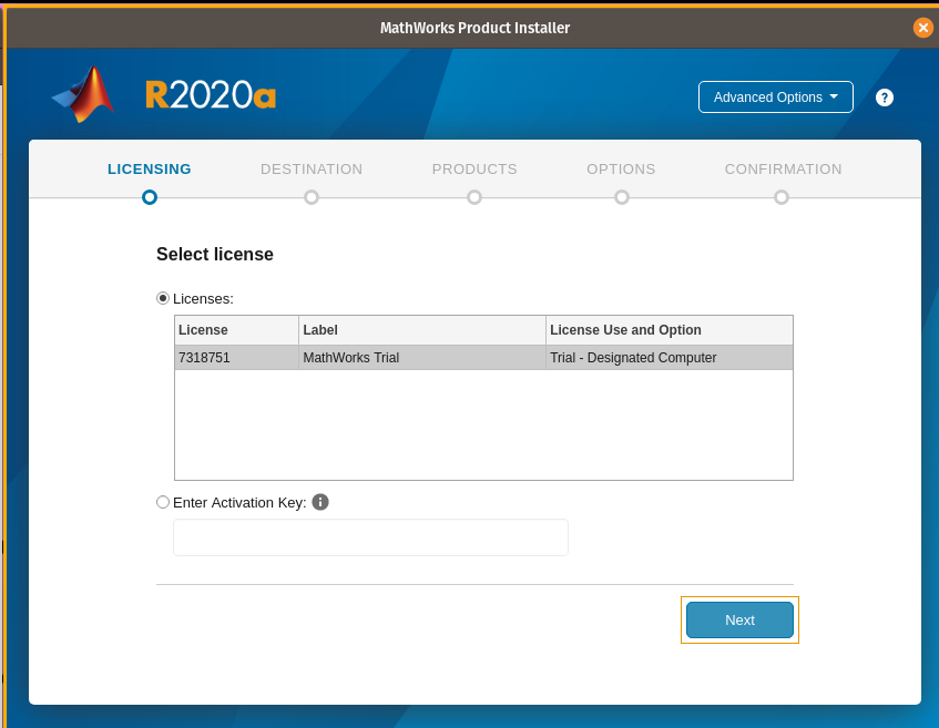 Select your license or enter your MatLab activation key