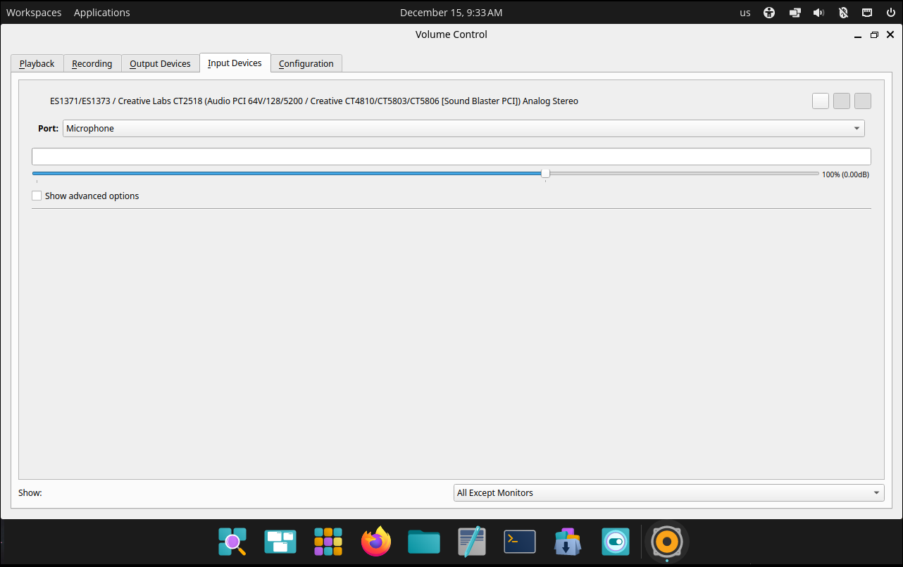 Input devices tab in PulseAudio Volume Control