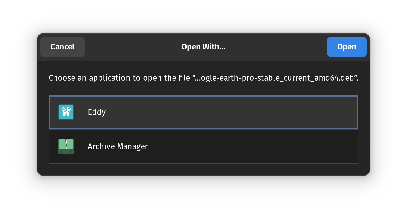 Opening a .deb file with Eddy in Pop!_OS 22.04