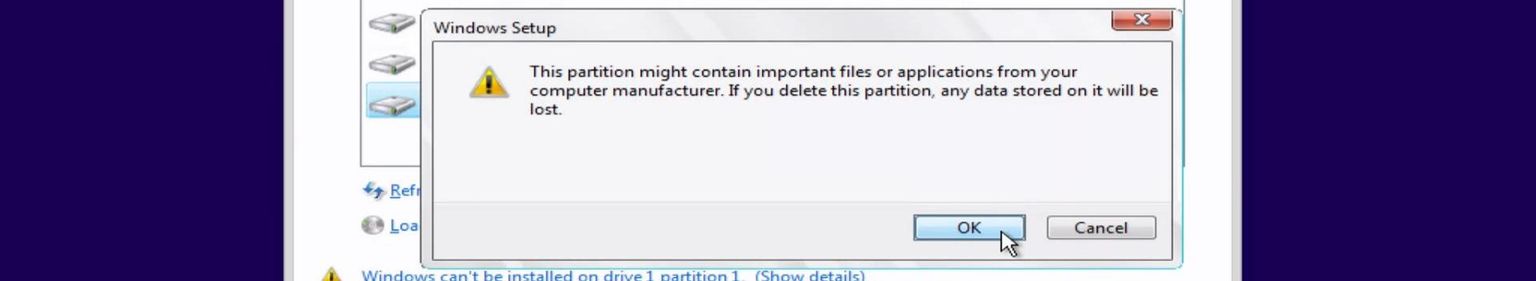 Windows confirming a partition deletion