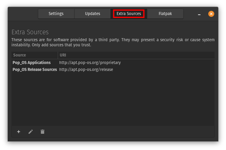 Repoman's Extra Sources page in Pop!_OS 22.04