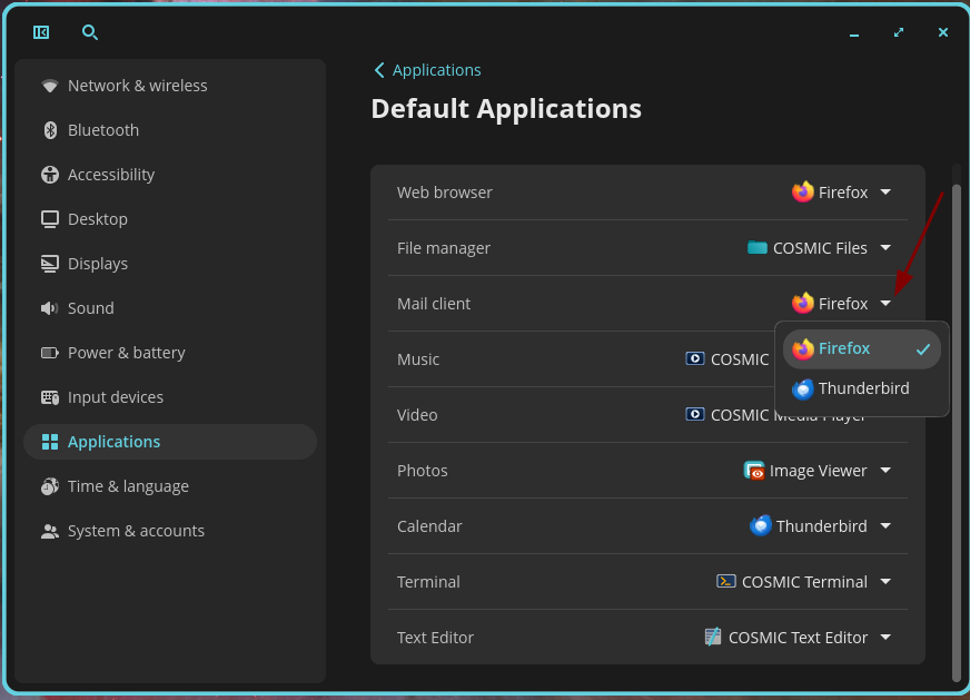 Change default applications in Pop!_OS within the settings panel